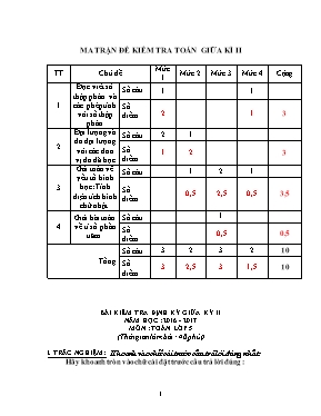 Ma trận và đề kiểm tra giữa học kì II Toán lớp 5 - Năm học 2016-2017